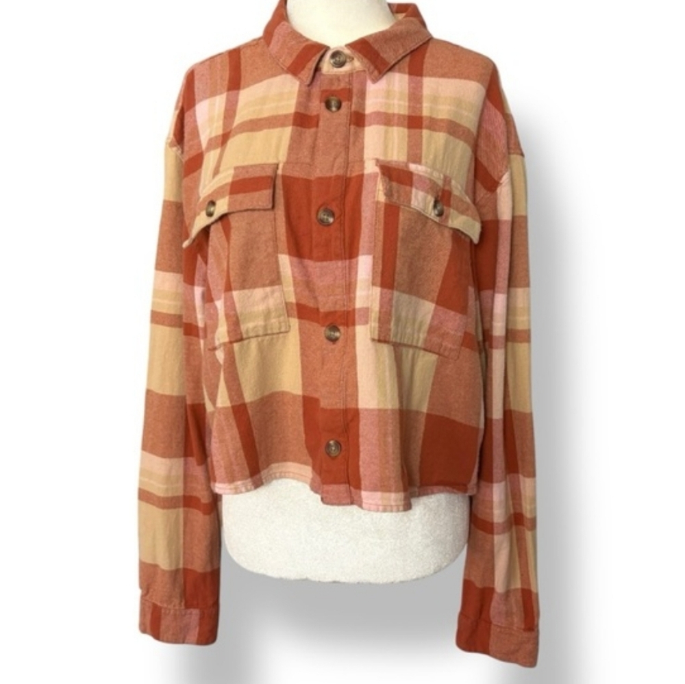 Roxy Orange Plaid Flannel Button Down Cropped Shirt